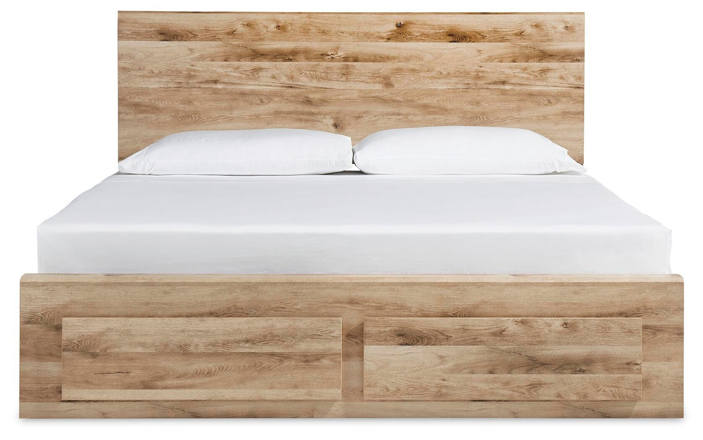 Cama Hyanna King con cabecero, tocador con espejo, cómoda y mesita de noche.