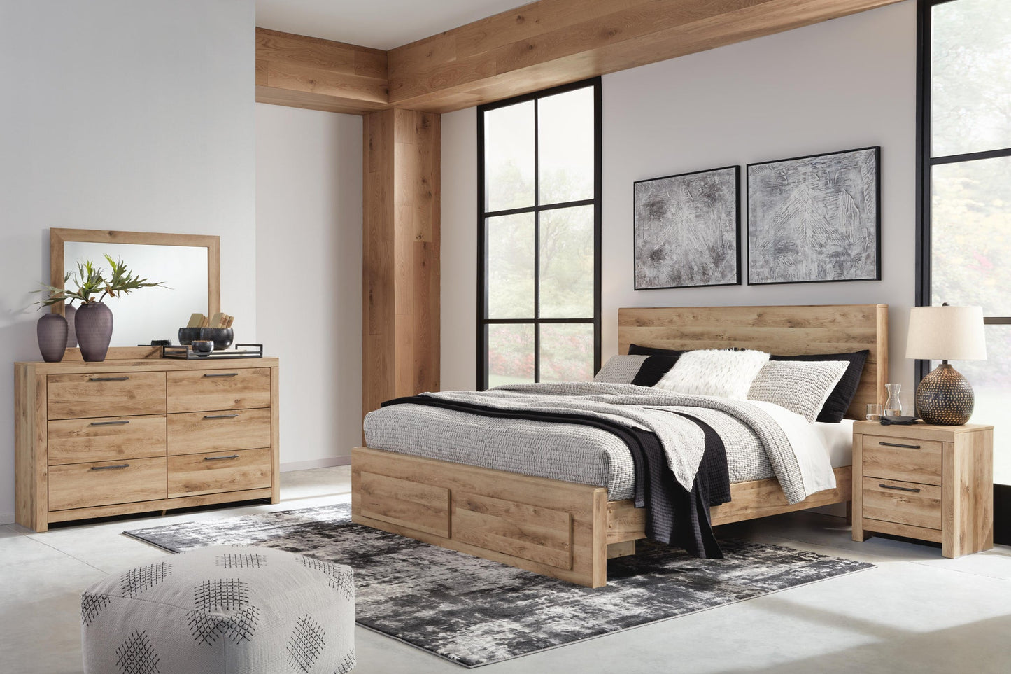 Cama Hyanna King con almacenamiento y tocador con espejo