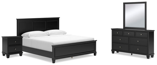 Cama Lanolee tamaño King con cabecero, tocador con espejo y mesita de noche