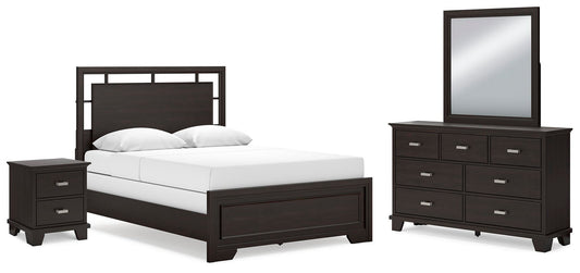 Cama Covetown tamaño Queen con cabecero, tocador con espejo y mesita de noche