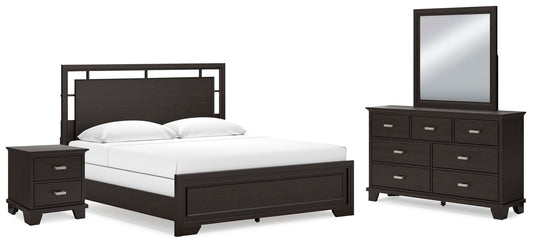Cama Covetown tamaño king con cabecero, tocador con espejo y mesita de noche
