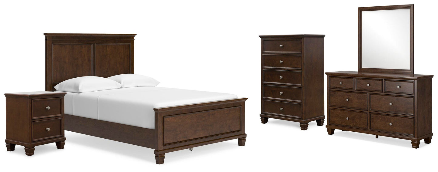 Cama Danabrin de tamaño completo con tocador con espejo, cómoda y mesita de noche