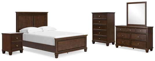Cama Danabrin de tamaño completo con tocador con espejo, cómoda y mesita de noche