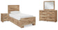 Cama individual Hyanna con almacenaje, tocador con espejo y mesita de noche.