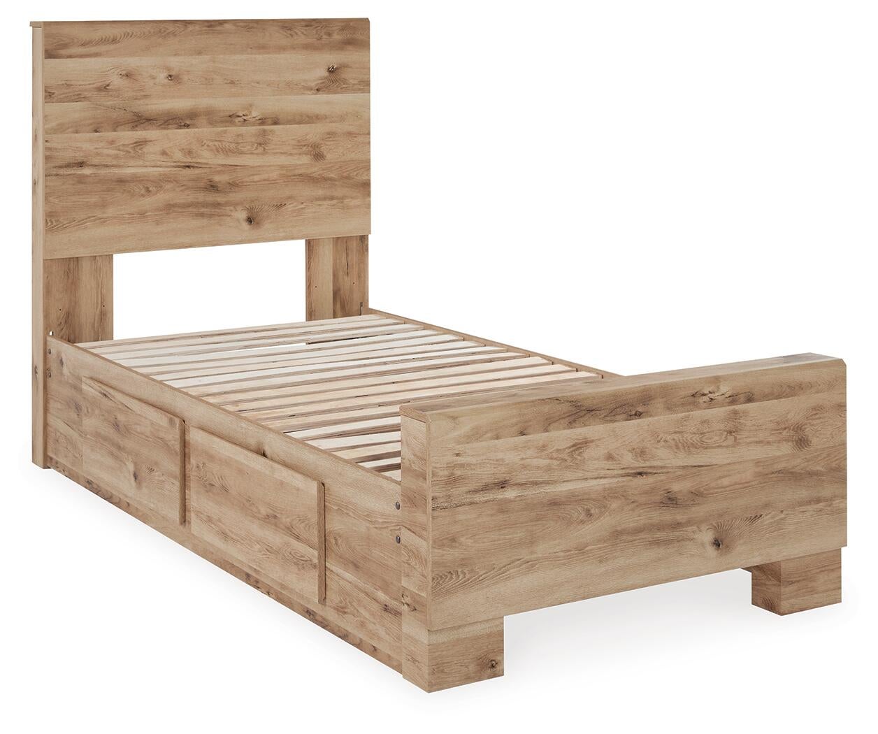 Cama individual Hyanna con almacenaje, tocador con espejo y mesita de noche.