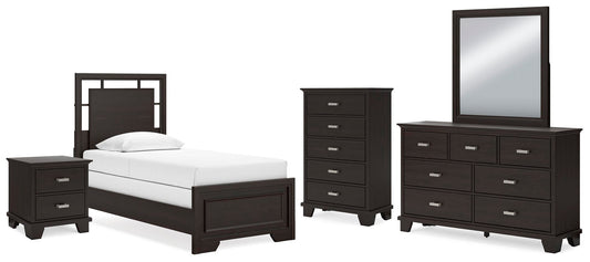 Cama doble Covetown con tocador con espejo, cómoda y mesita de noche