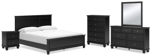 Cama Lanolee tamaño California King con cabecero, tocador con espejo, cómoda y mesita de noche