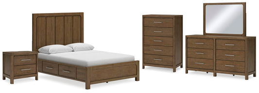 Cama Caballinn tamaño Queen con cabecero, almacenaje, tocador con espejo, cómoda y mesita de noche.