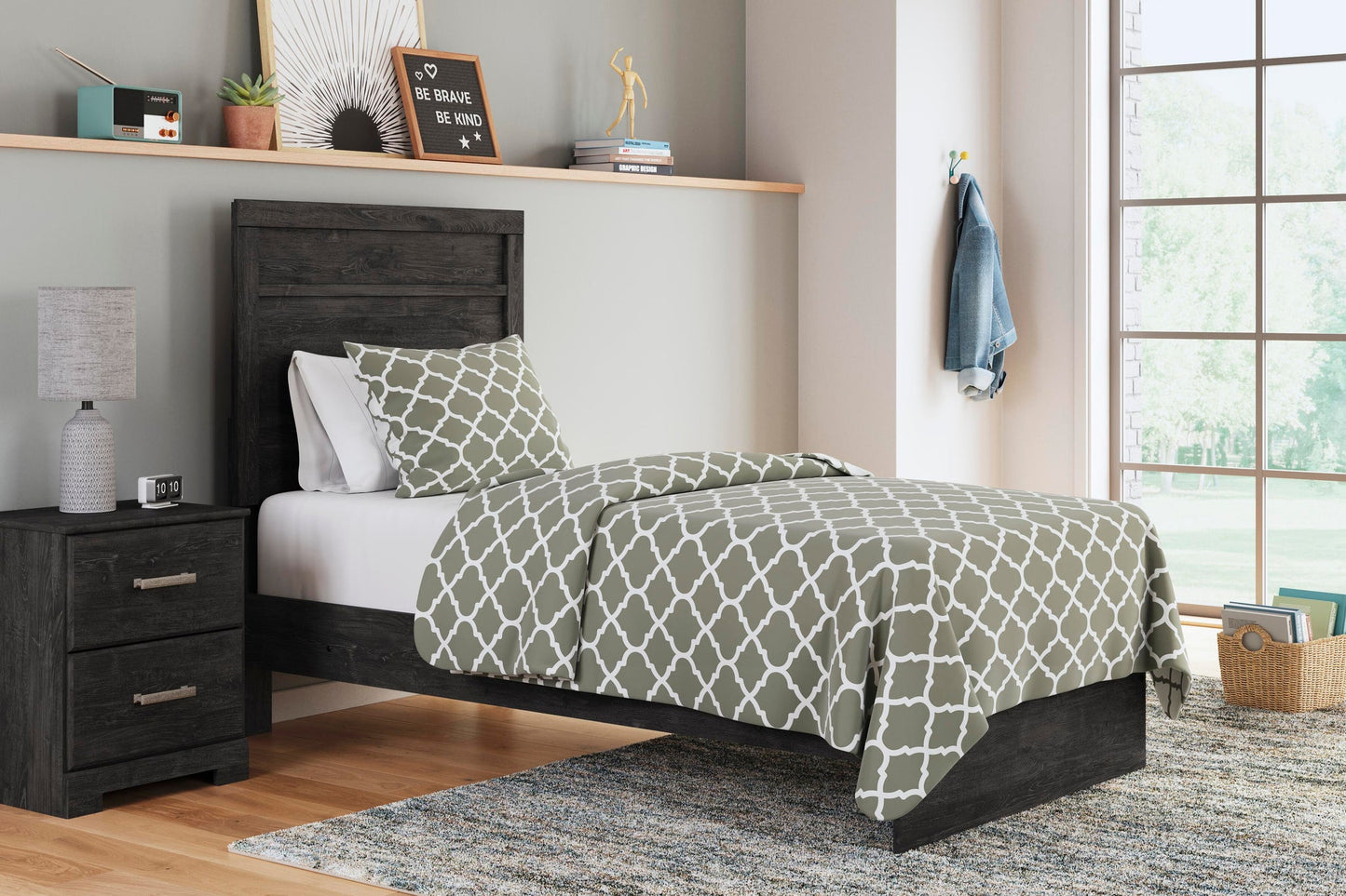 Cama doble Belachime con tocador con espejo, cómoda y mesita de noche