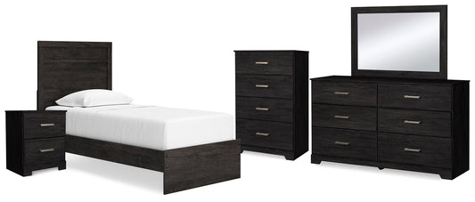 Cama doble Belachime con tocador con espejo, cómoda y mesita de noche