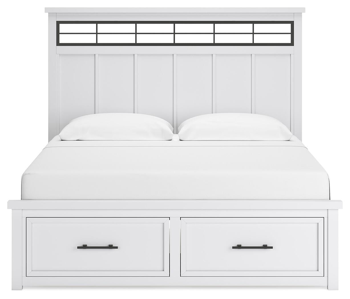 Cama Ashbryn King con cabecero, tocador con espejo, cómoda y mesita de noche.