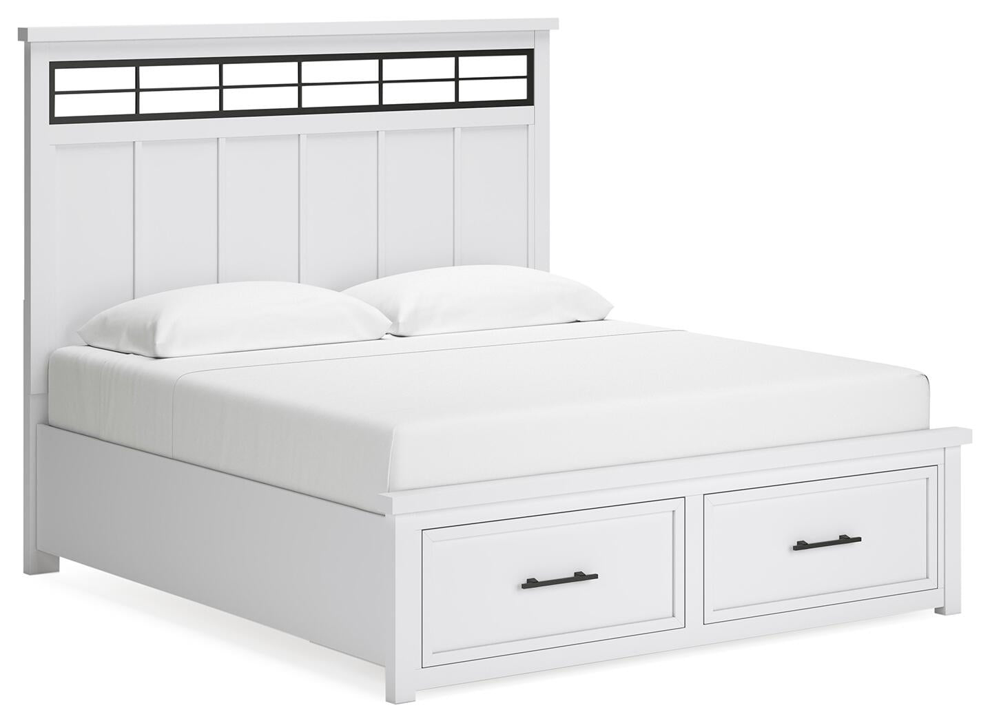 Cama Ashbryn King con cabecero, tocador con espejo, cómoda y mesita de noche.