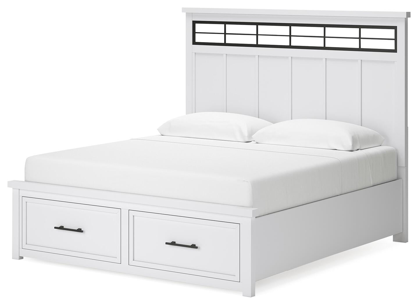 Cama Ashbryn King con cabecero, tocador con espejo, cómoda y mesita de noche.