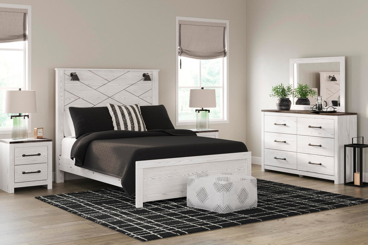 Cama Gerridan Queen con cabecero y tocador con espejo