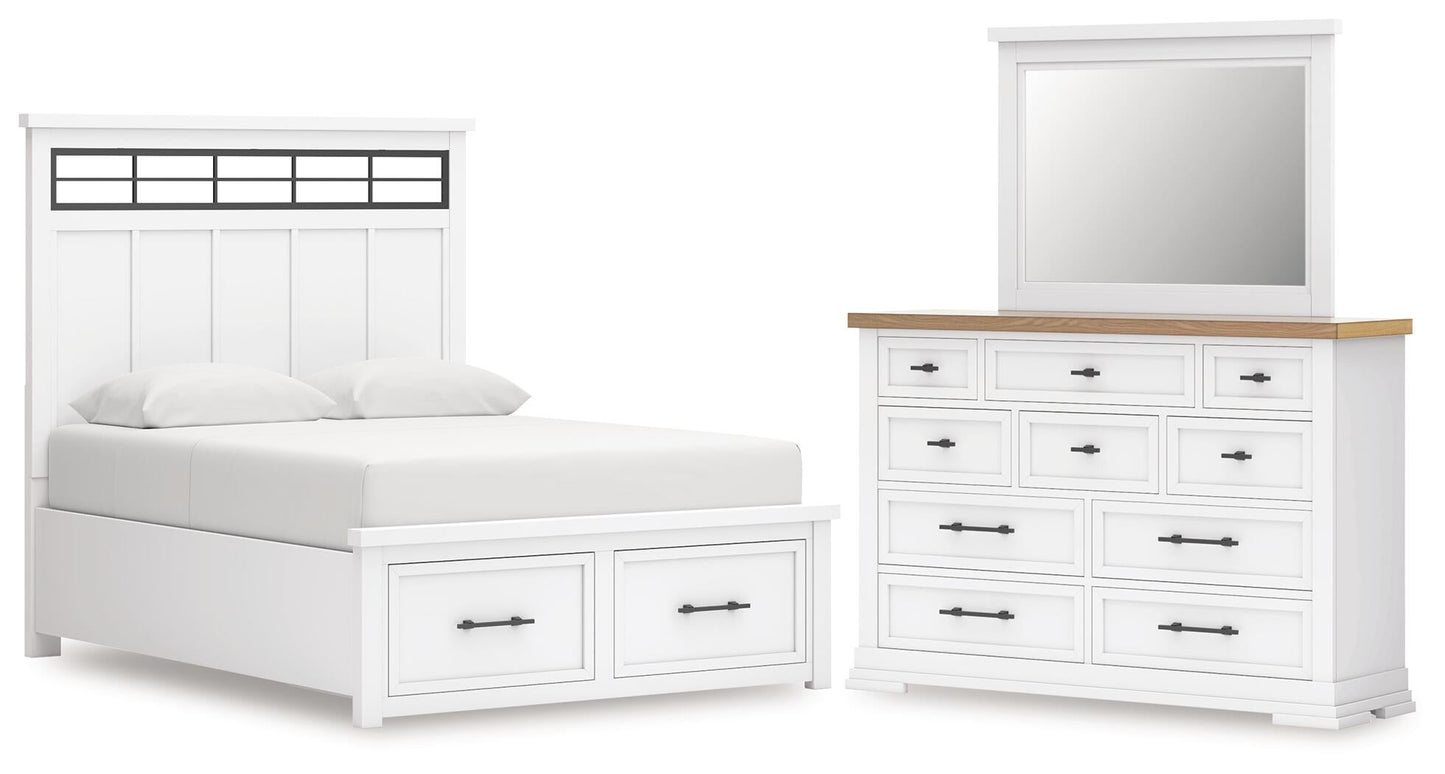 Cama de matrimonio Ashbryn con almacenamiento y tocador con espejo