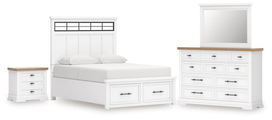 Cama Ashbryn King con cabecero, tocador con espejo y mesita de noche, con almacenamiento y cómoda.