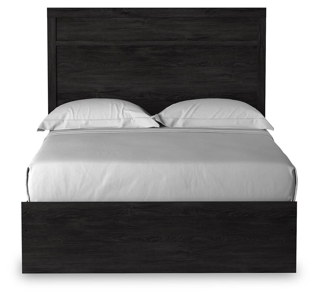 Cama Belachime de tamaño completo con tocador con espejo, cómoda y mesita de noche