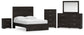 Cama Belachime de tamaño completo con tocador con espejo, cómoda y mesita de noche