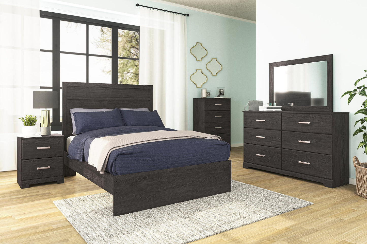 Cama Belachime de tamaño completo con tocador con espejo, cómoda y mesita de noche