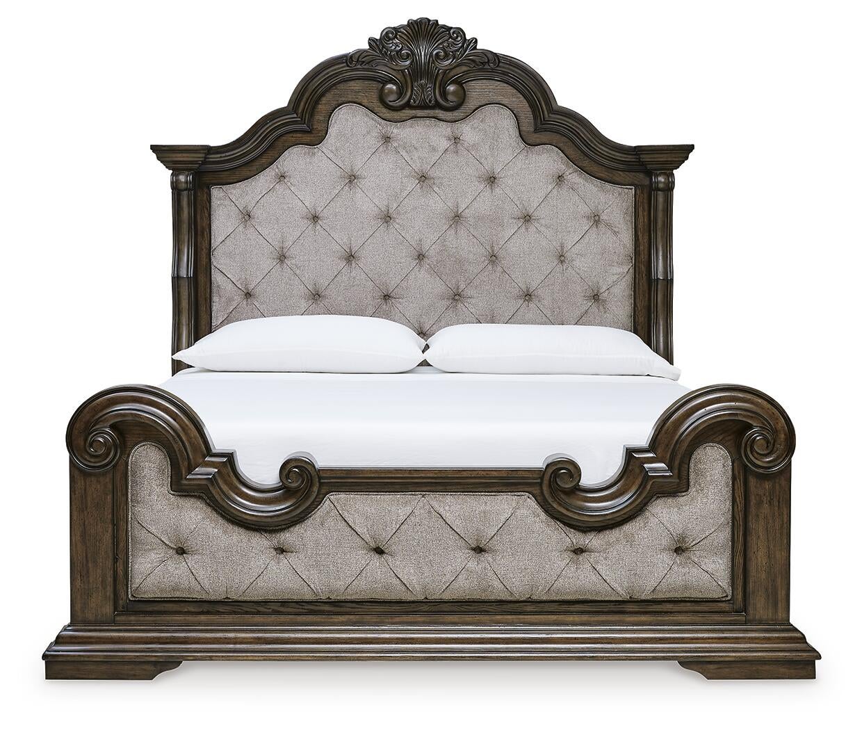 Cama tapizada Maylee tamaño California King con tocador con espejo y mesita de noche