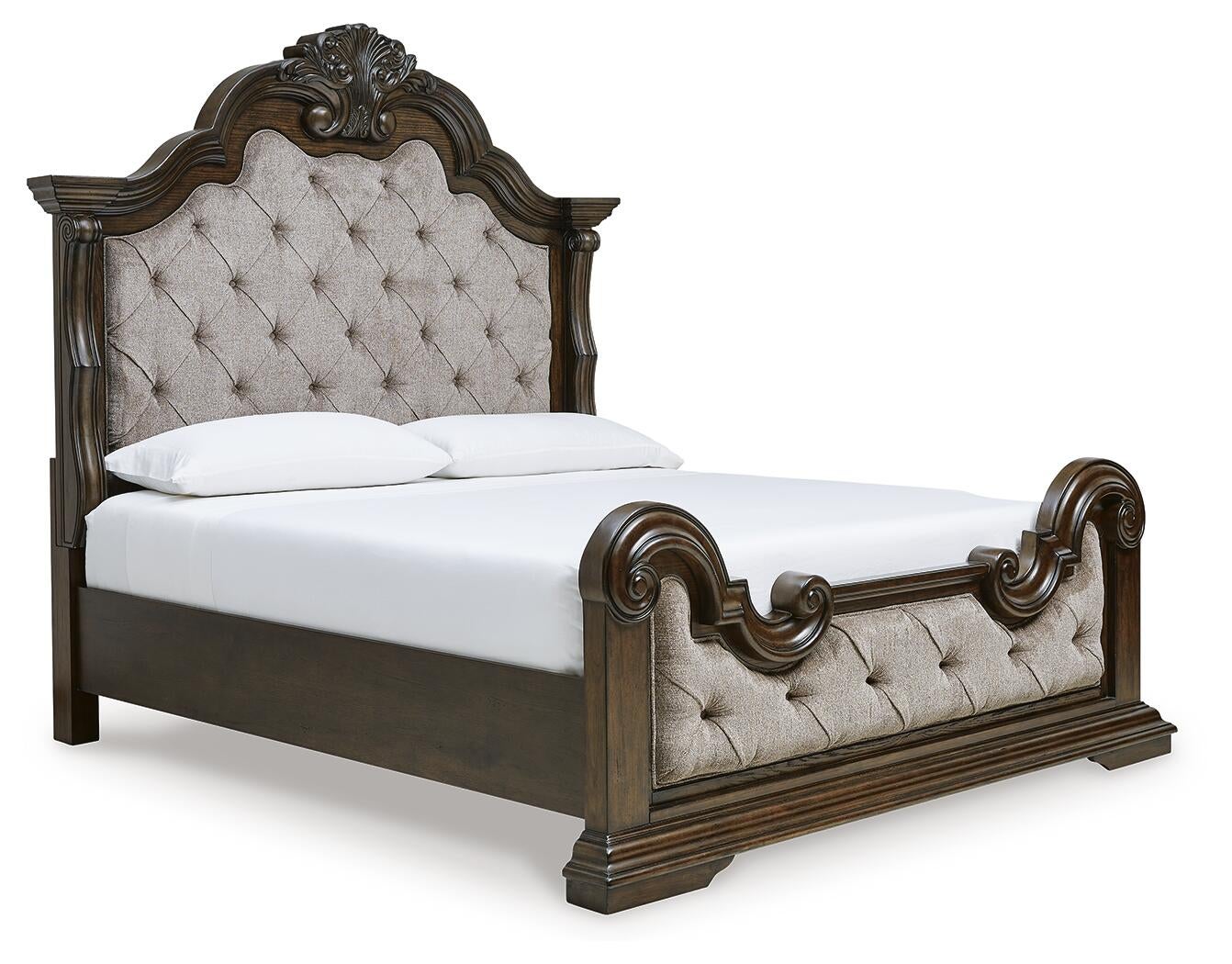 Cama tapizada Maylee tamaño California King con tocador con espejo y mesita de noche