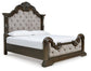 Cama tapizada Maylee tamaño California King con tocador con espejo y mesita de noche