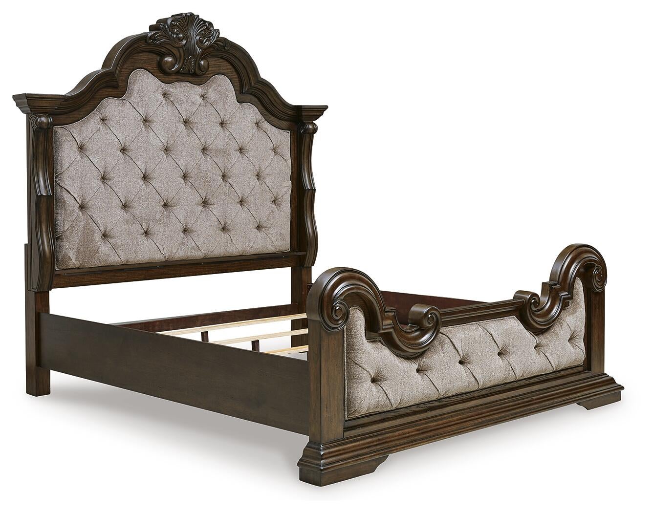 Cama tapizada Maylee tamaño California King con tocador con espejo y mesita de noche