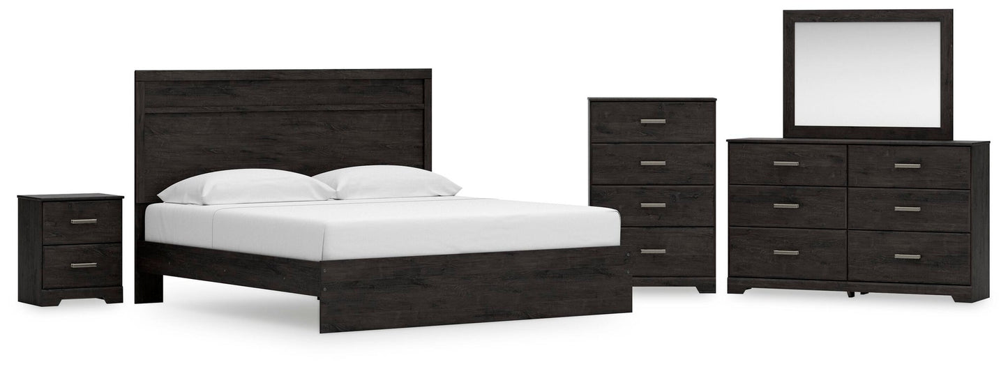 Cama Belachime tamaño King con cabecero, tocador con espejo, cómoda y mesita de noche