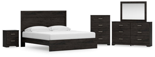 Cama Belachime tamaño King con cabecero, tocador con espejo, cómoda y mesita de noche