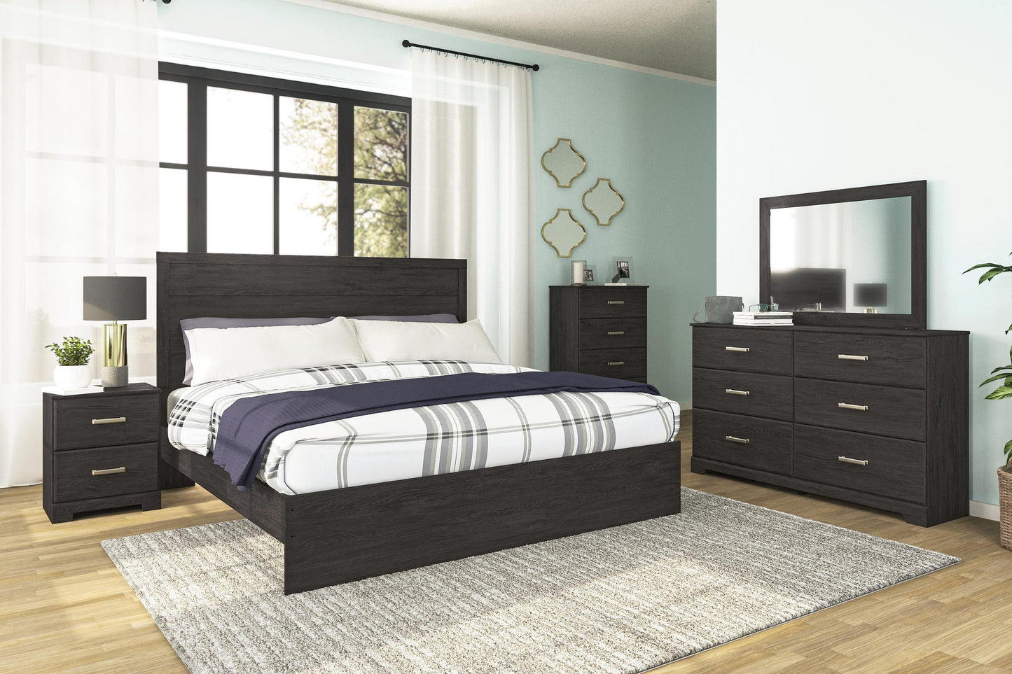 Cama Belachime tamaño King con cabecero, tocador con espejo, cómoda y mesita de noche