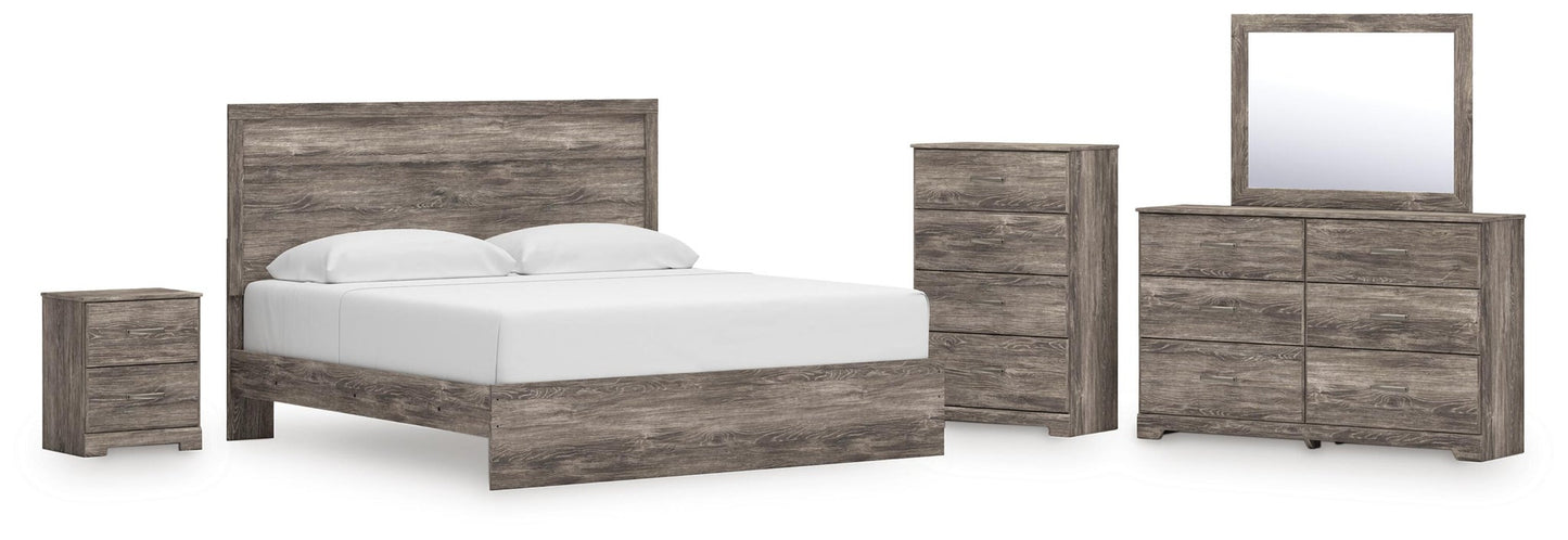 Cama Ralinksi King con cabecero, tocador con espejo, cómoda y mesita de noche