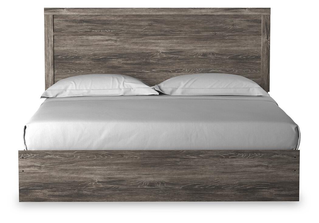 Cama Ralinksi King con cabecero, tocador con espejo, cómoda y mesita de noche