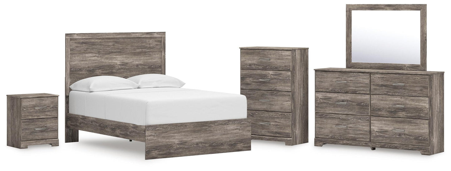 Cama Ralinksi de tamaño completo con tocador con espejo, cómoda y mesita de noche