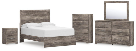 Cama Ralinksi de tamaño completo con tocador con espejo, cómoda y mesita de noche