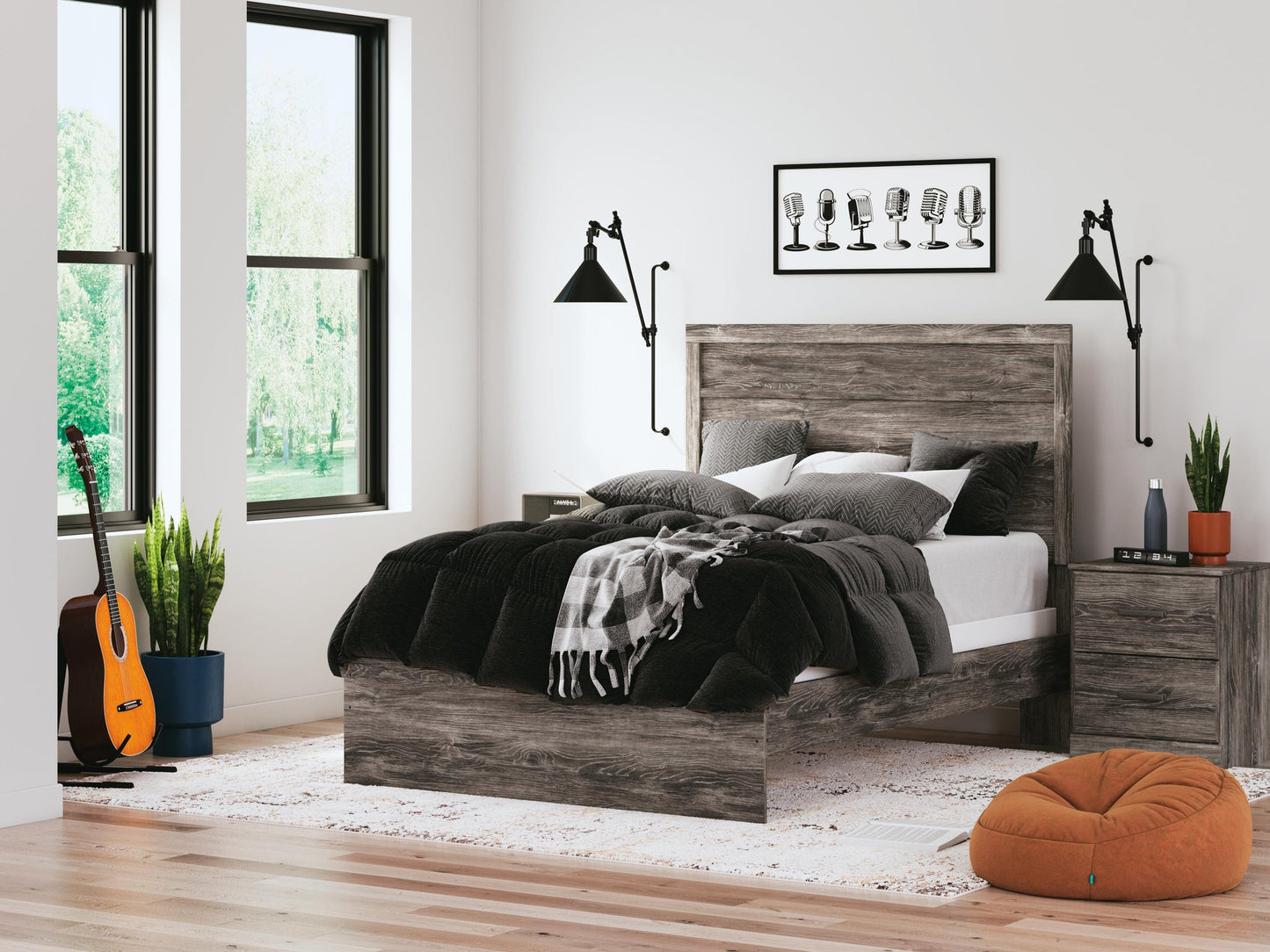 Cama Ralinksi de tamaño completo con tocador con espejo, cómoda y mesita de noche
