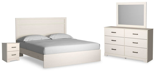 Cama Stelsie King con cabecero, tocador con espejo y mesita de noche