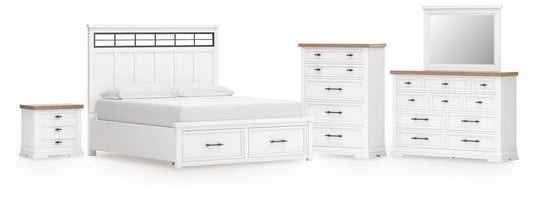 Cama Ashbryn tamaño California King con cabecero, tocador con espejo, cómoda y mesita de noche.