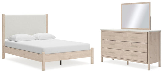Cama tapizada Cadmori tamaño Queen con tocador con espejo
