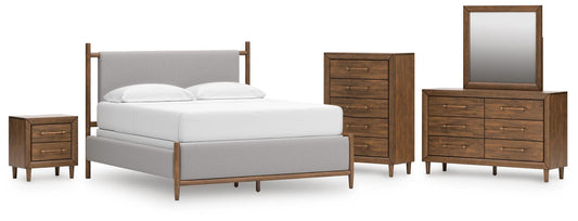 Cama tapizada Lyncott tamaño Queen con tocador con espejo, cómoda y mesita de noche