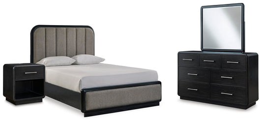 Cama Rowanbeck Queen tapizada con cabecero, tocador con espejo y mesita de noche