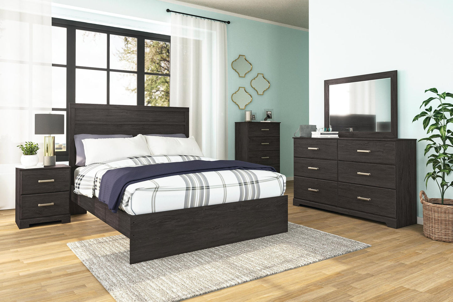 Cama Belachime tamaño Queen con cabecero, tocador con espejo, cómoda y mesita de noche
