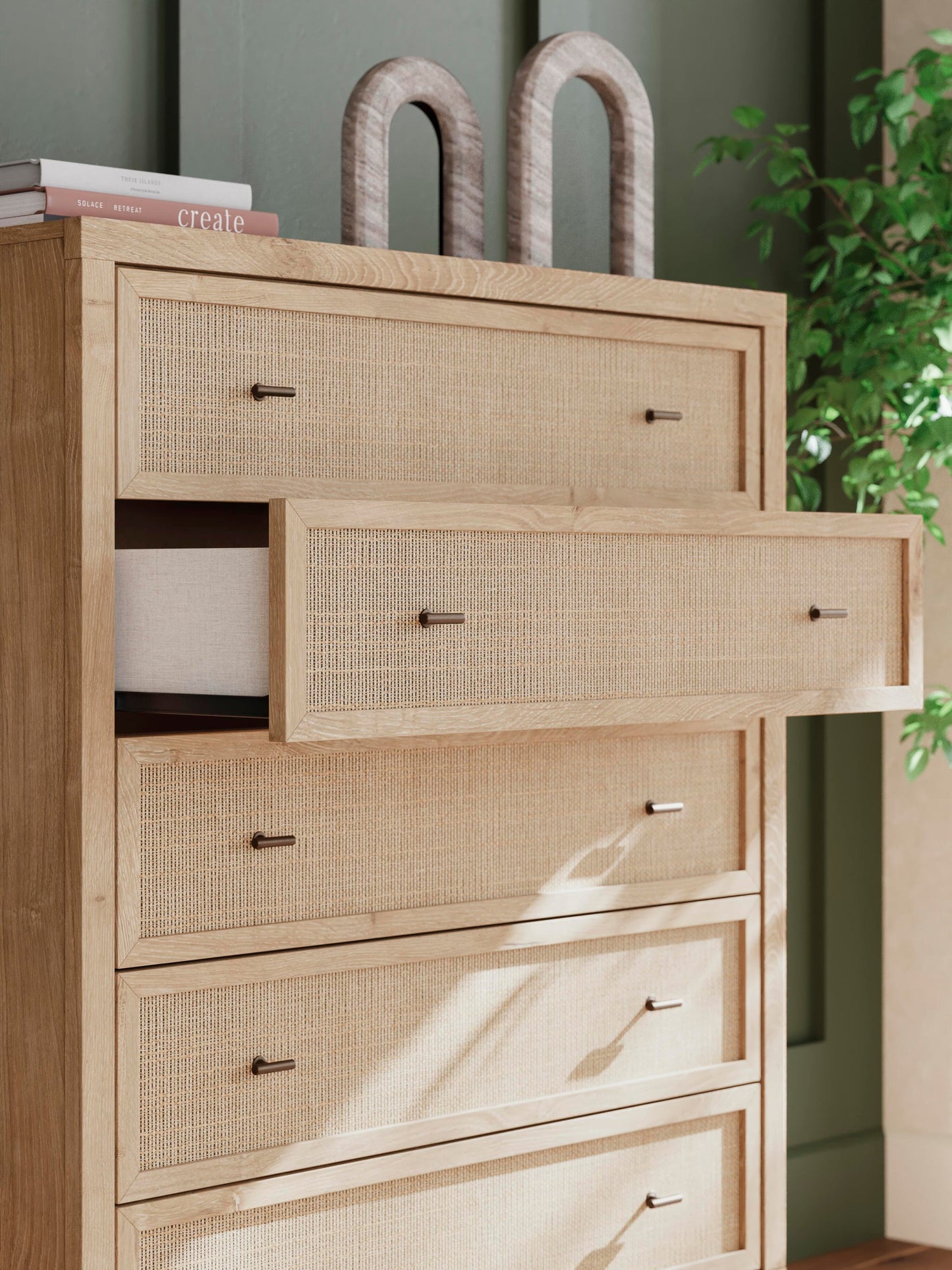 Cabecero Cielden Queen con tocador, cómoda y mesita de noche con espejo