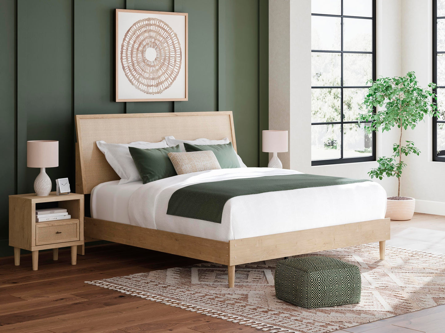 Cama Cielden tamaño king con cabecero, tocador con espejo, cómoda y mesita de noche
