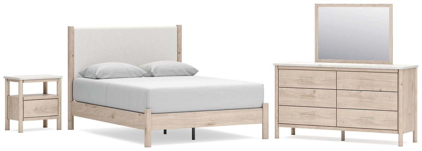 Cama Cadmori Queen tapizada con cabecero, tocador con espejo y mesita de noche