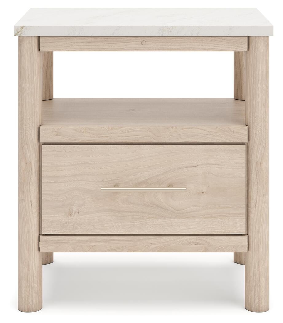 Cama Cadmori Queen tapizada con cabecero, tocador con espejo y mesita de noche