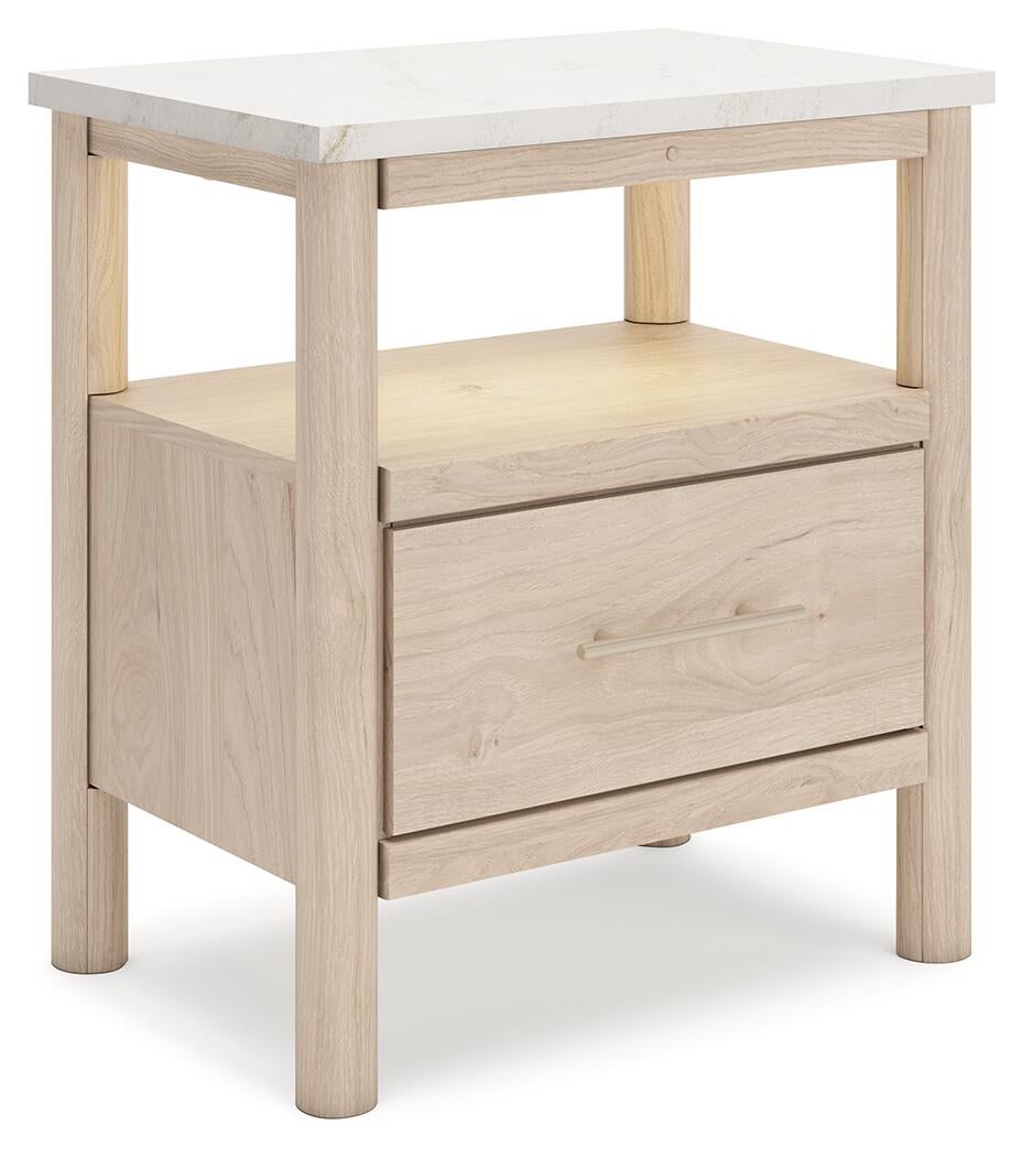 Cama Cadmori Queen tapizada con cabecero, tocador con espejo y mesita de noche