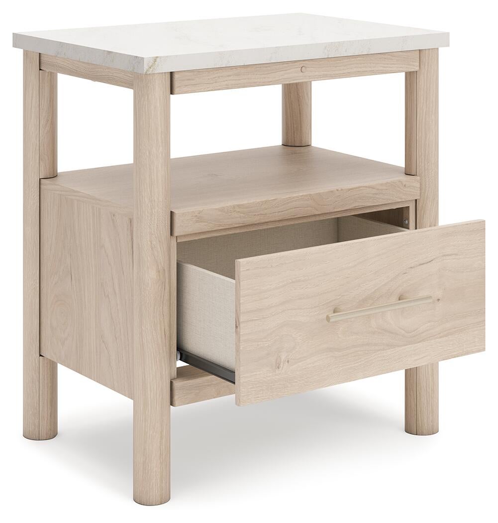 Cama Cadmori Queen tapizada con cabecero, tocador con espejo y mesita de noche