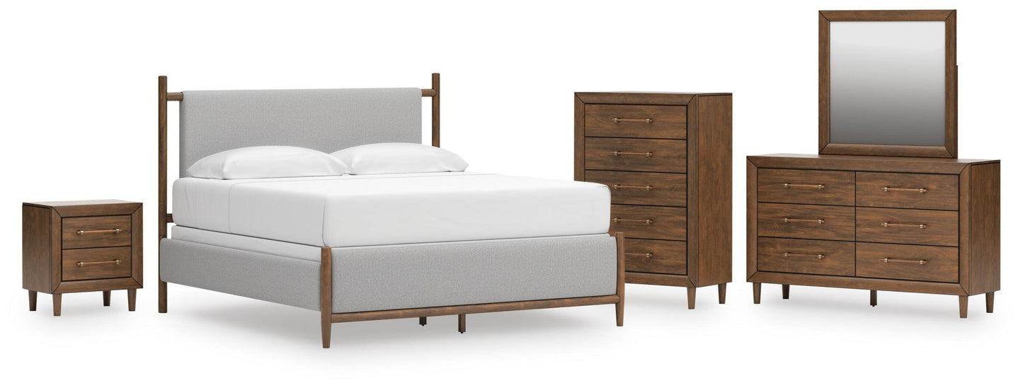 Cama tapizada Lyncott tamaño King con tocador con espejo, cómoda y mesita de noche