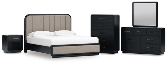 Cama tapizada Rowanbeck tamaño California King con tocador, cómoda y mesita de noche con espejo