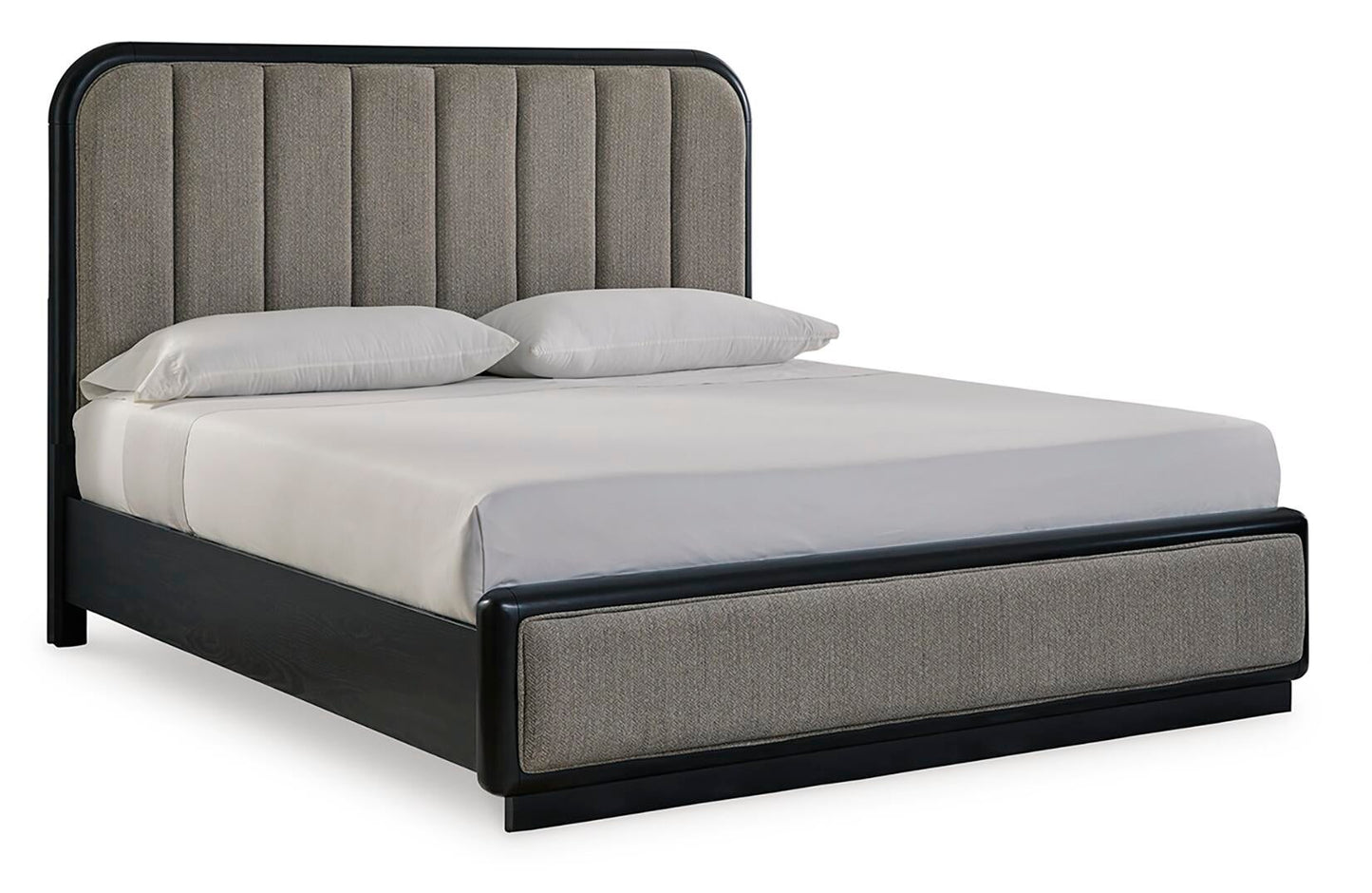 Cama tapizada Rowanbeck tamaño California King con tocador y mesita de noche con espejo